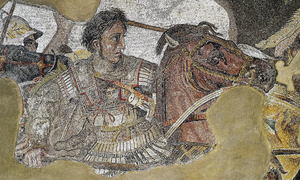 الاسكندر ممتطيا حصانه بوسيفالوس في المعركة، كما هو موضح في فسيفساء الإسكندر لبومبي