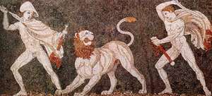 فسيفساء من القرن الرابع قبل الميلاد من بيلا تصور كراتيروس (يمين) وهو يصطاد الأسود إلى جانب الإسكندر